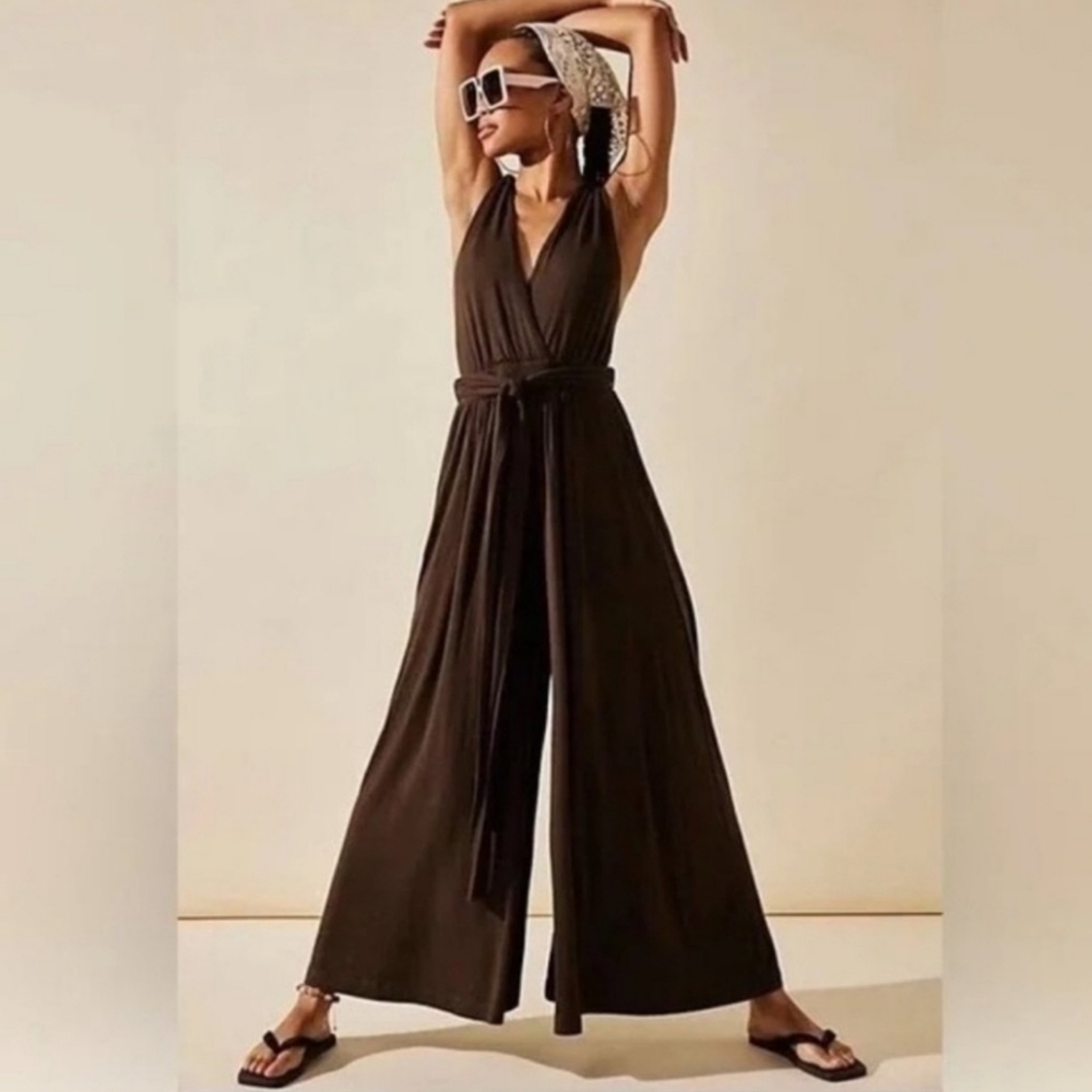 Free People Dani Convertable One Piece Multi Ways Black Cotton Wide Leg Jumpsuit